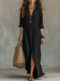 Celia™ | Vestido Maxi Negro Amplio con Botones